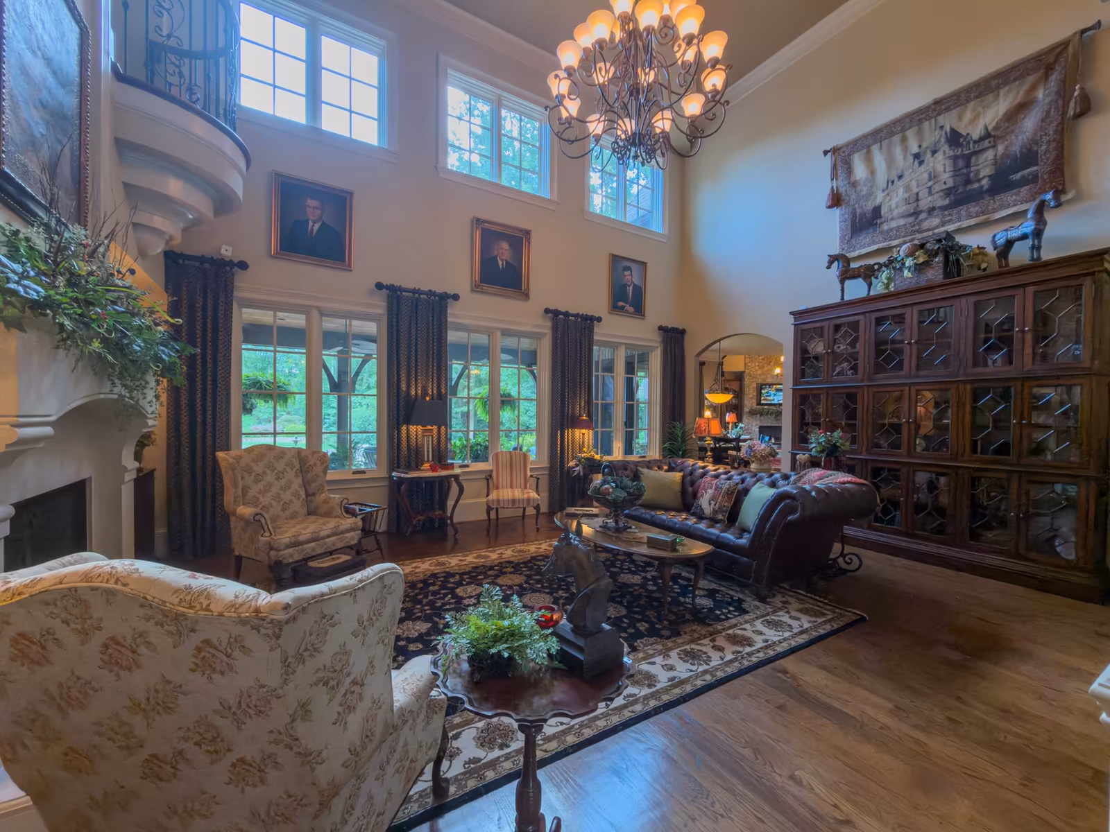 Great room, two storeys, clerestory windows and upper balconies