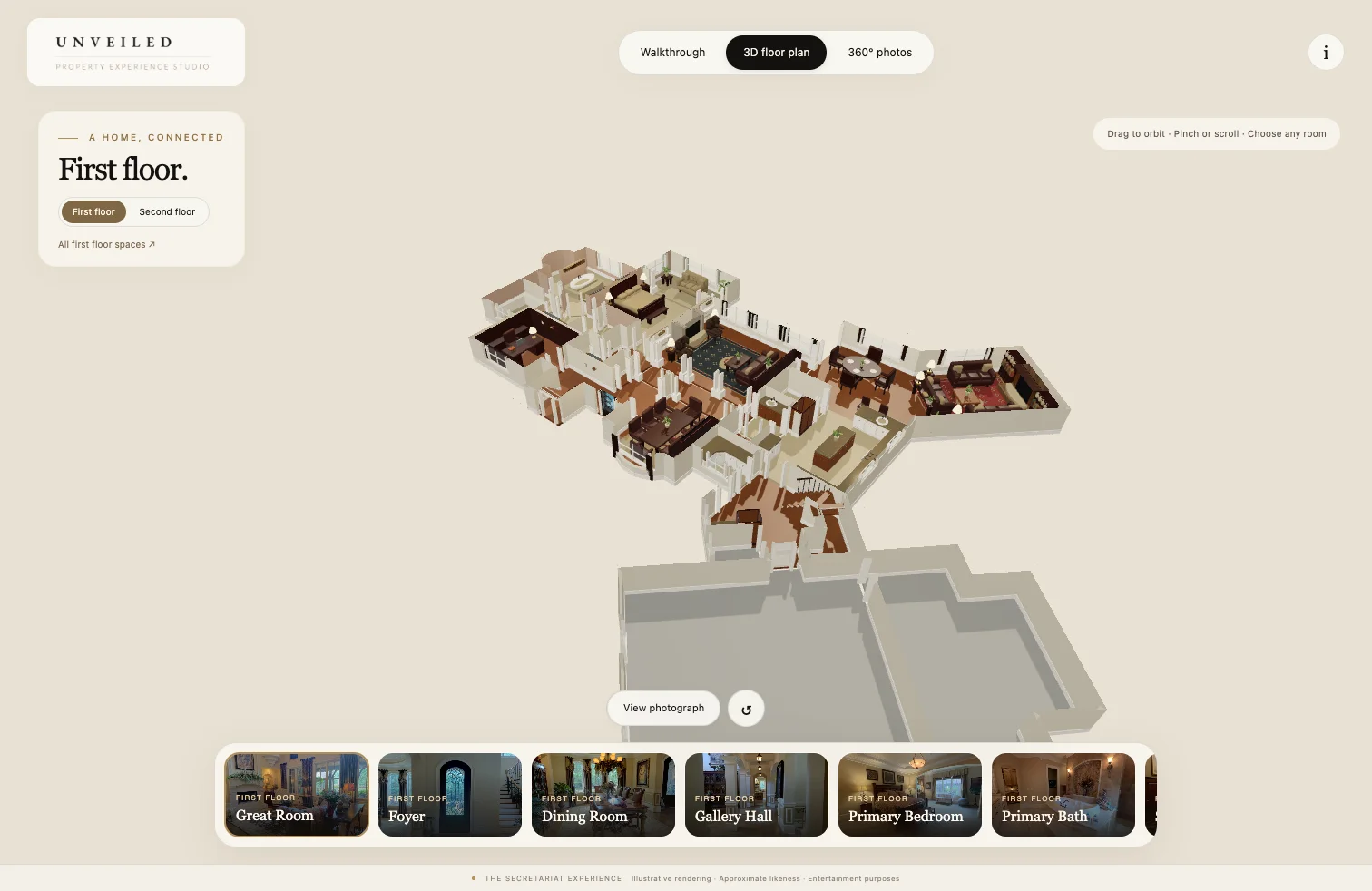 Preview of the illustrative first-floor dollhouse and room navigation