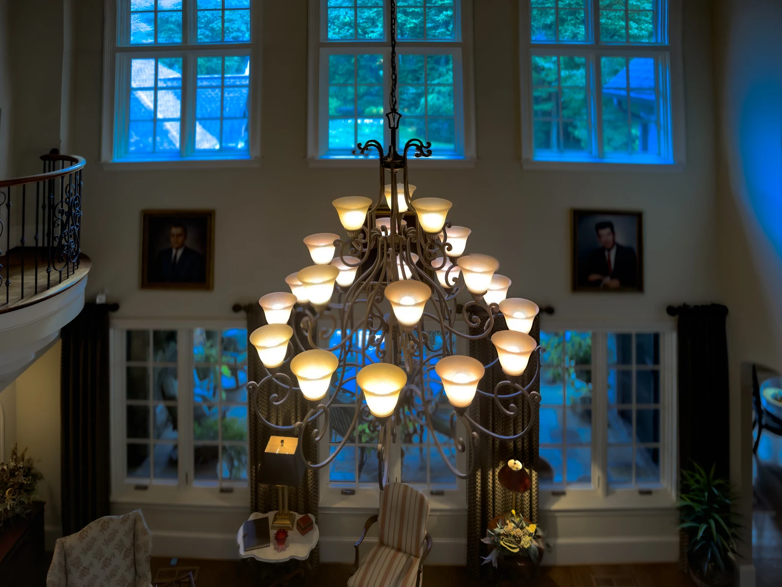 Chandelier above the double-height great room